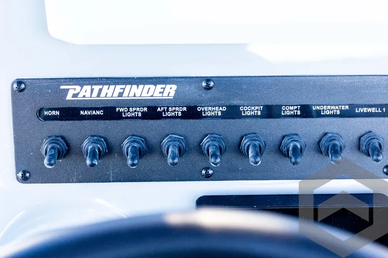 Slide: The Image of Control panel of 2025 Pathfinder 2500 Hybrid boat with labeled switches. - 48
