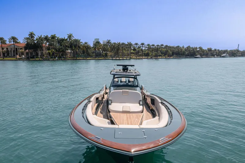 Slide: The Image of 2025 Buddy Davis PININFARINA 47 CC yacht on serene water with palm trees in background. - 15