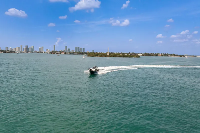 Slide: The Image of 2025 Buddy Davis PININFARINA 47 CC cruising on a sunny day near city skyline. - 27