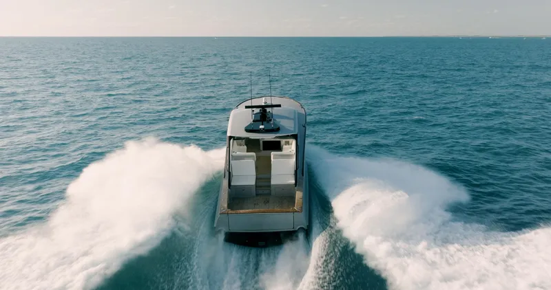 Slide: The Image of 2025 Buddy Davis 52 Express yacht cruising on open ocean waters. - 12