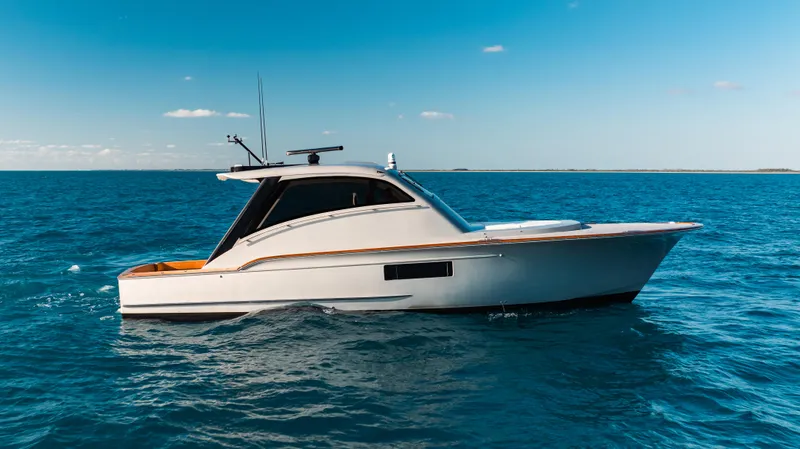 Slide: The Image of 2025 Buddy Davis 52 Express yacht cruising on open sea under clear blue sky. - 22