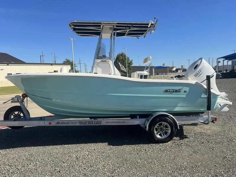 Slide: The Image of 2024 Bulls Bay 200CC boat on trailer, light blue hull, sunny day. - 2