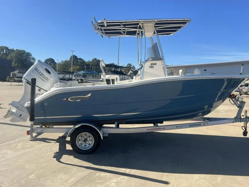 Slide: The Image of 2024 Bulls Bay 200 CC boat on trailer, featuring Suzuki outboard motor. - 6