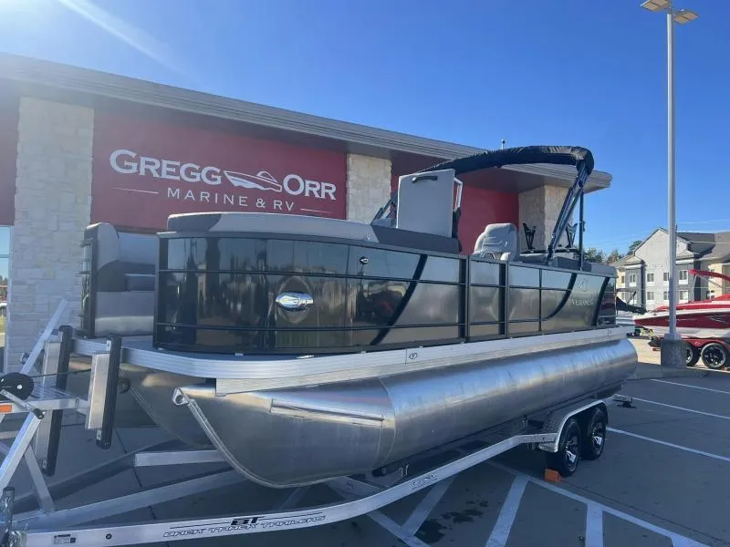 Slide: The Image of 2024 Veranda VR22RC pontoon boat on trailer at Gregg Orr Marine & RV dealership. - 1