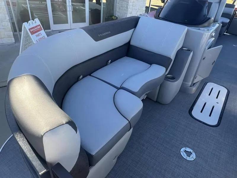 Slide: The Image of 2024 Veranda VR22RC boat interior with gray seating and modern design. - 10