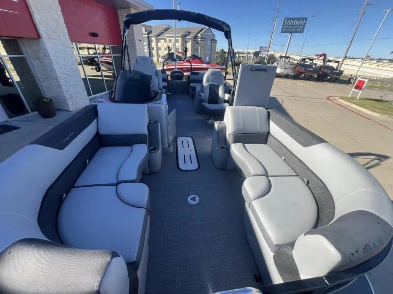 Slide: The Image of 2024 Veranda VR22RC pontoon boat with spacious seating and modern design. - 8