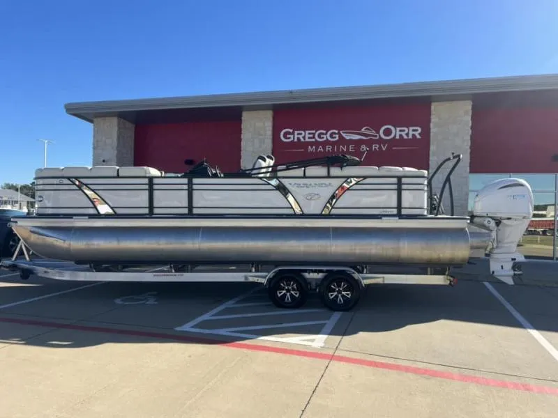 Slide: The Image of 2024 Veranda VP25RC pontoon boat at Gregg Orr Marine dealership. - 2