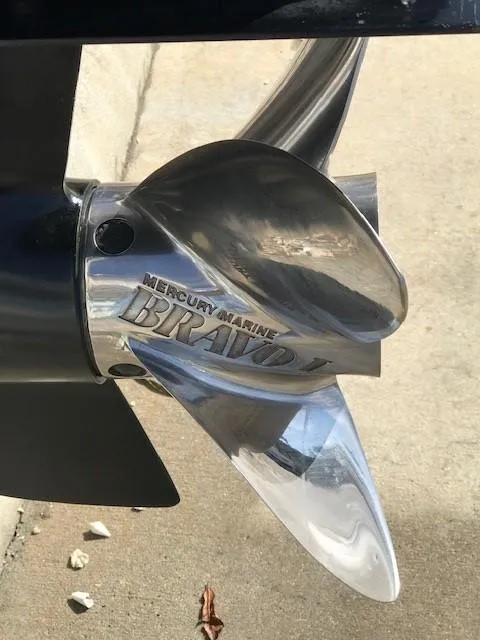 Slide: The Image of Close-up of Mercury Marine Bravo propeller on 2018 Donzi 22 Classic boat. - 21