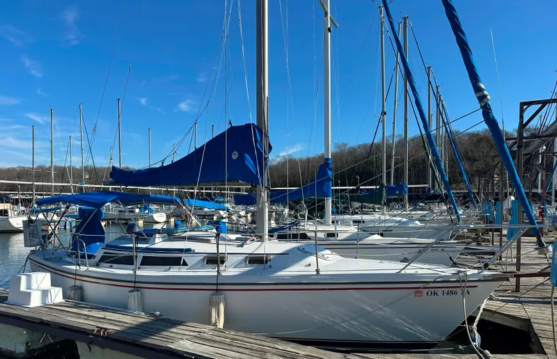 The Image of 1988 Catalina 30 sailboat docked at marina under clear blue sky. - 0