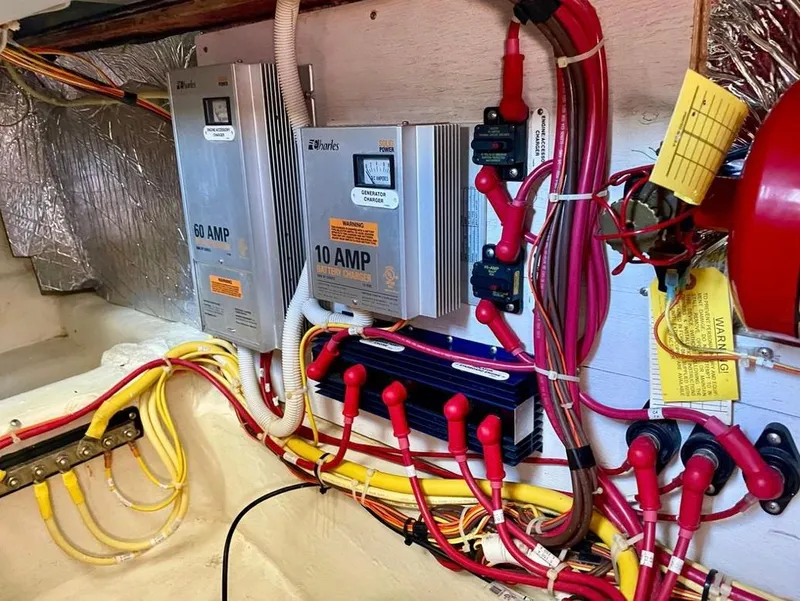 Slide: The Image of Electrical system of a 2007 Carver 35 Super Sport boat with wiring and chargers. - 40