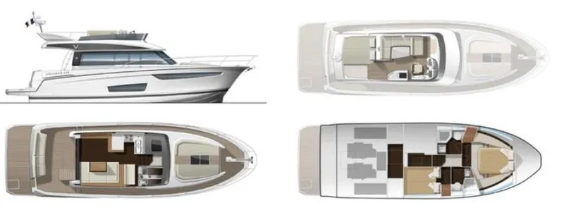 Slide: The Image of 2017 Jeanneau Velasco 43F yacht layout with side and top views, showcasing interior design. - 23