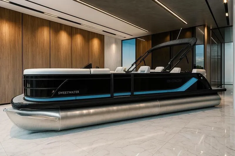 The Image of 2025 Sweetwater SW 2286 QS pontoon boat in modern showroom setting. - 0