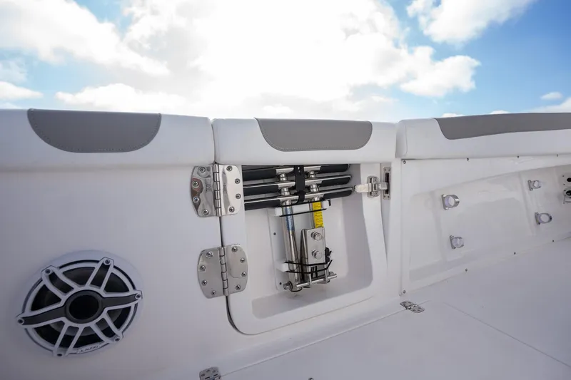 Slide: The Image of 2025 Caymas 291 boat interior with speaker and hydraulic system under a blue sky. - 25