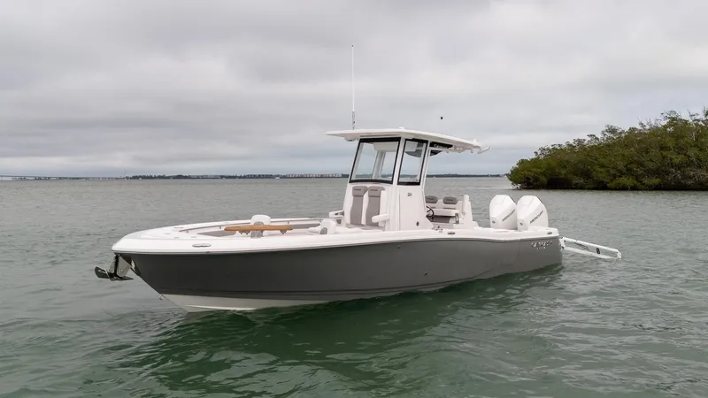 Slide: The Image of 2025 Caymas 291 boat on calm water, overcast sky, near shoreline. - 3