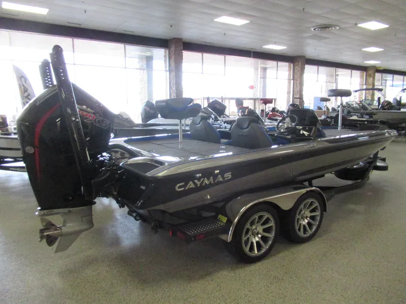 Slide: The Image of 2025 Caymas CX 21 PRO bass boat in showroom, rear view. - 5