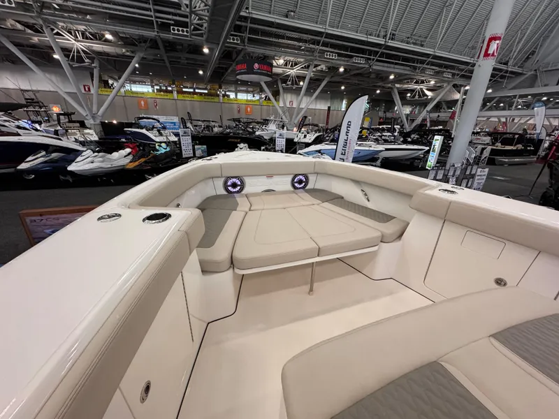 Slide: The Image of Solace 37 CS 2025 boat interior at a boat show, featuring spacious seating and modern design. - 18