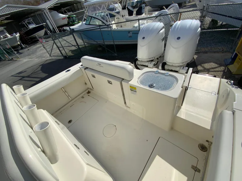 Slide: The Image of 2024 Cobia 240 Center Console boat interior with dual engines and spacious deck. - 14