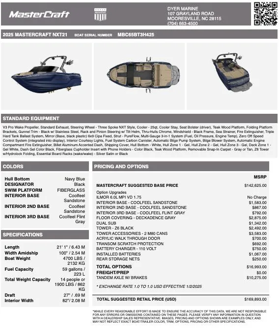 Slide: The Image of 2025 MasterCraft NXT21 boat specifications and pricing details sheet. - 8