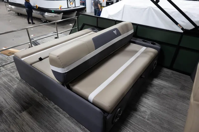 Slide: The Image of Viaggio X22S 2025 boat interior with beige seating and modern design. - 10