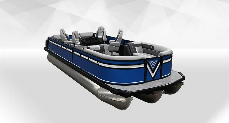 The Image of 2025 Viaggio X22Q pontoon boat, sleek blue design, modern seating, luxury watercraft. - 1