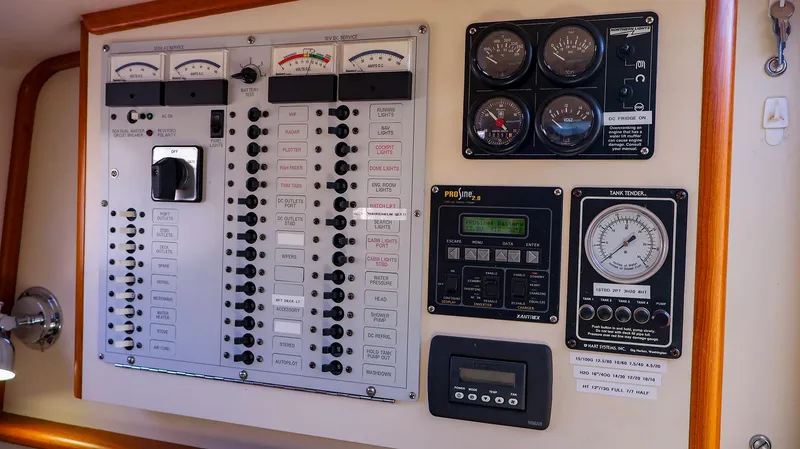 Slide: The Image of Control panel of a 2008 Fortier 33 boat with gauges and switches. - 29