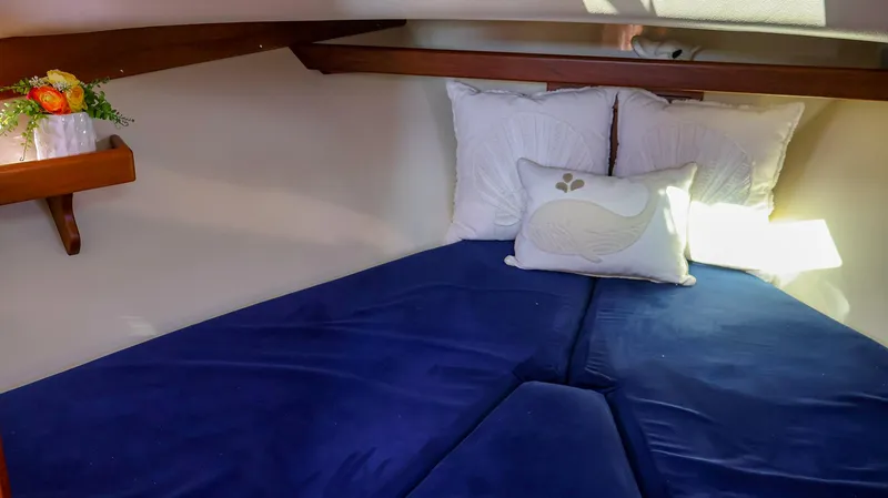 Slide: The Image of Cozy cabin interior of 2008 Fortier 33 with blue bedding and decorative pillows. - 30