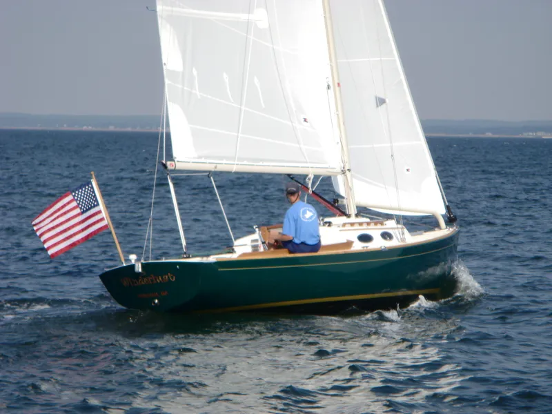 The Image of 2007 Alerion Express 28 sailboat with American flag sailing on open water. - 0