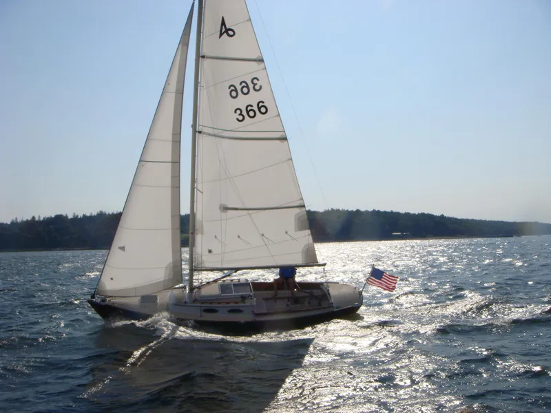 Slide: The Image of Sailing Alerion Express 28 (2007) on sunny waters with American flag. - 2