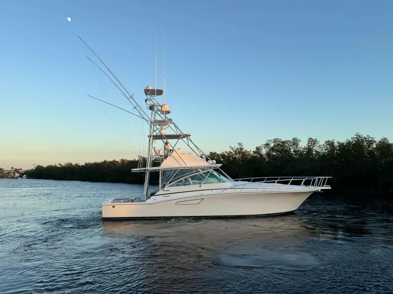 The Image of 1999 Cabo 45 Express yacht on calm water at sunset. - 1