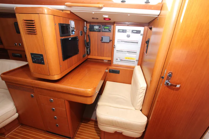 Slide: The Image of Navigation station in 2001 Nautor Swan 44MKII yacht with wooden cabinetry and control panels. - 37