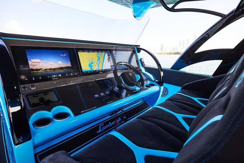 Slide: The Image of 2024 Midnight Express 43' Solstice luxury boat interior with advanced navigation system. - 18