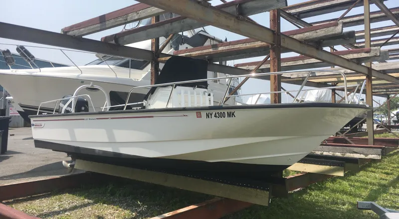 The Image of 2015 Boston Whaler 210 Montauk boat on a trailer in a marina setting. - 0