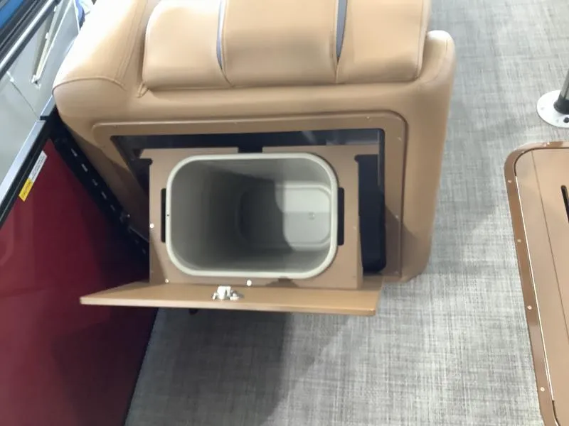 Slide: The Image of Built-in storage compartment in G3 Fusion 322RC boat, 2025 model, with beige seating. - 20