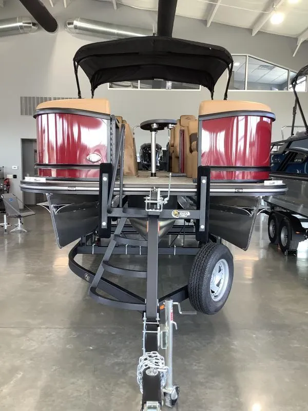 Slide: The Image of 2025 G3 Fusion 322RC pontoon boat on trailer in showroom. - 3