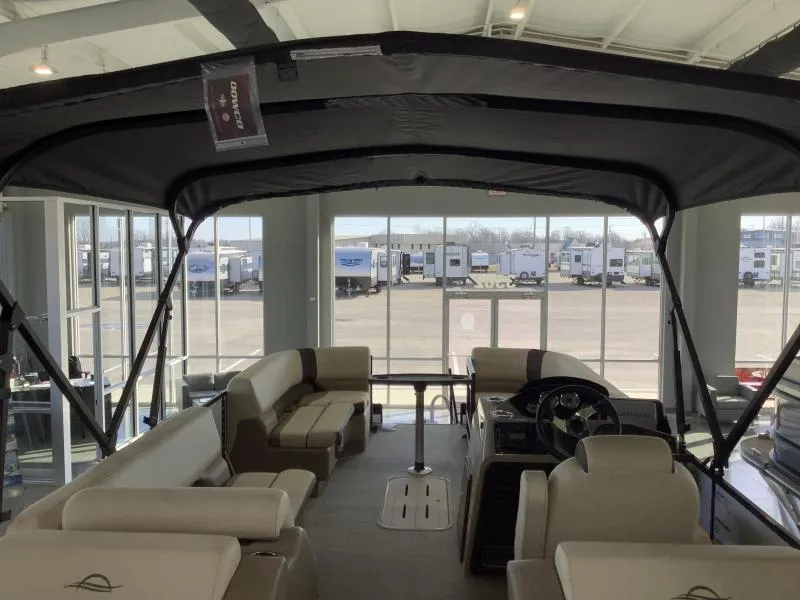 Slide: The Image of Interior of 2025 G3 SELECT 324SS pontoon boat with spacious seating and canopy. - 8