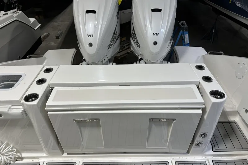Slide: The Image of 2022 Pursuit S 358 Sport boat with dual V8 engines, rear view. - 28