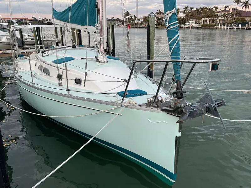 Slide: The Image of 2006 Shannon Shoalsailer docked in a marina, featuring teal accents and calm waters. - 4