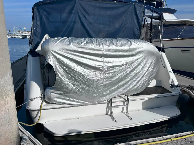Slide: The Image of 1991 Sea Ray Sun Dancer 480 Express docked with protective cover. - 2