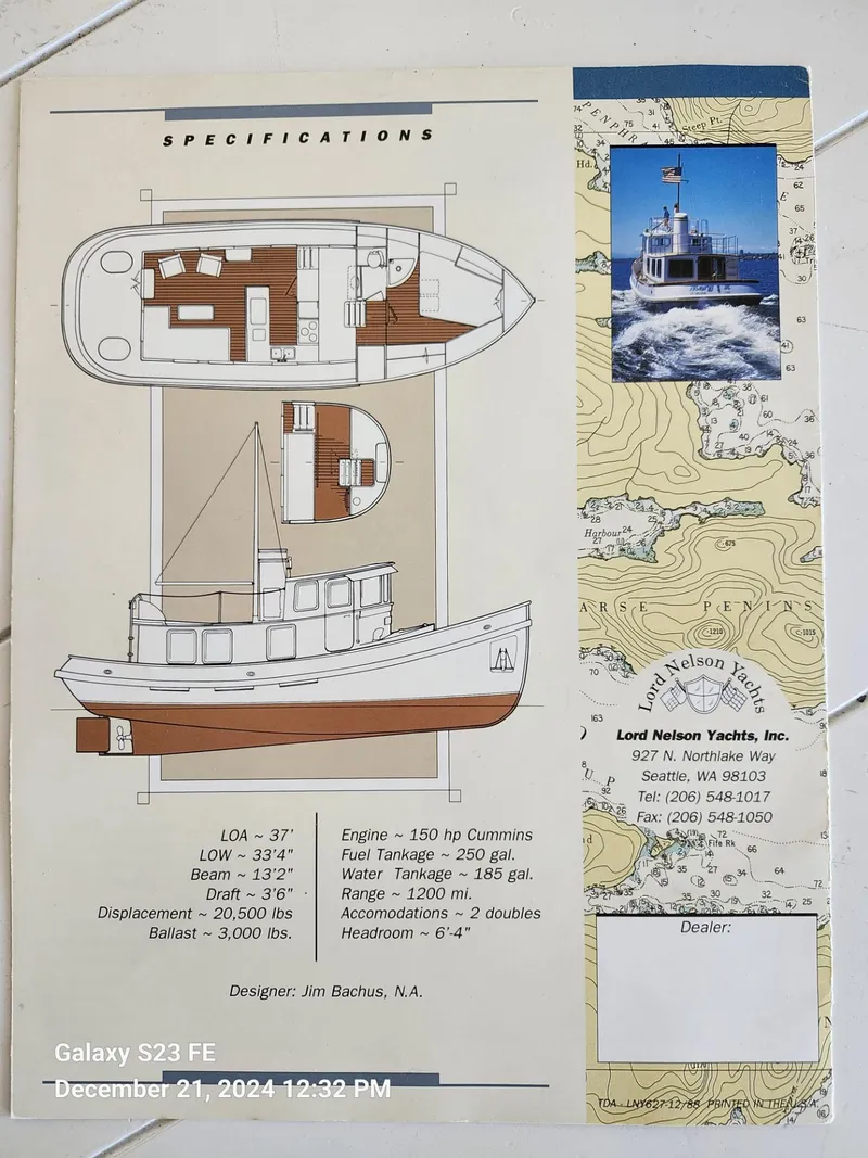 Slide: The Image of Specifications sheet for 1988 Lord Nelson Victory 37 yacht with layout and contact details. - 3