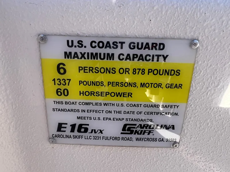 Slide: The Image of Carolina Skiff E 16 JVX 2025 capacity label: 6 persons, 878 pounds, 60 horsepower. - 18