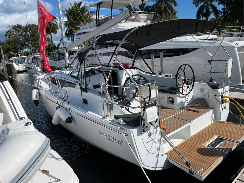 Slide: The Image of 2025 Jeanneau Sun Odyssey 350 sailboat docked, featuring sleek design and spacious deck. - 3