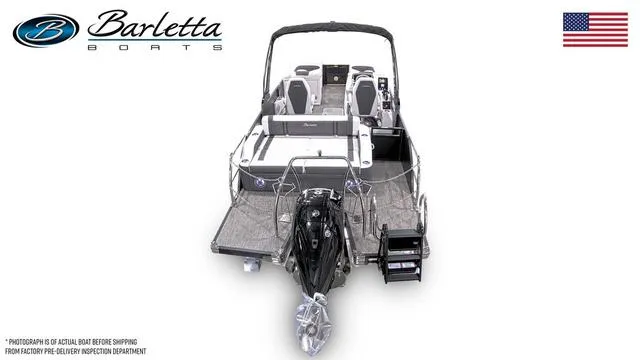 Slide: The Image of 2025 Barletta Corsa 23UC boat, rear view, with American flag and logo. - 3