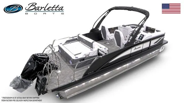 Slide: The Image of 2025 Barletta Corsa 23UC pontoon boat with sleek design and modern features. - 4