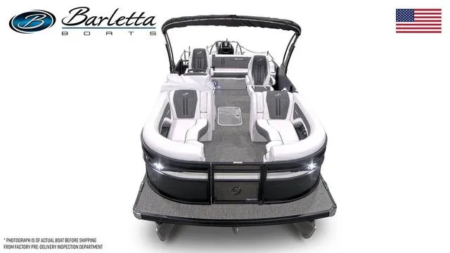 Slide: The Image of 2025 Barletta Corsa 23UC boat, sleek design, spacious seating, luxury pontoon. - 6
