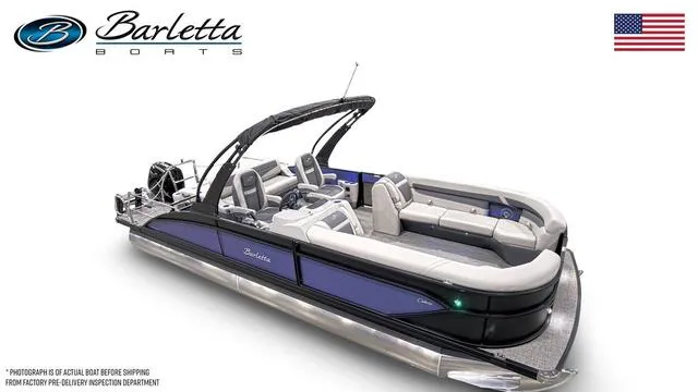 Slide: The Image of 2025 Barletta Cabrio C24UC pontoon boat with sleek design and spacious seating. - 5