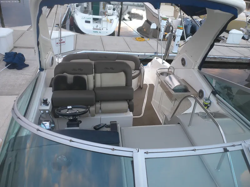 Slide: The Image of Interior view of 2015 Sea Ray 330 Sundancer boat at dock. - 40