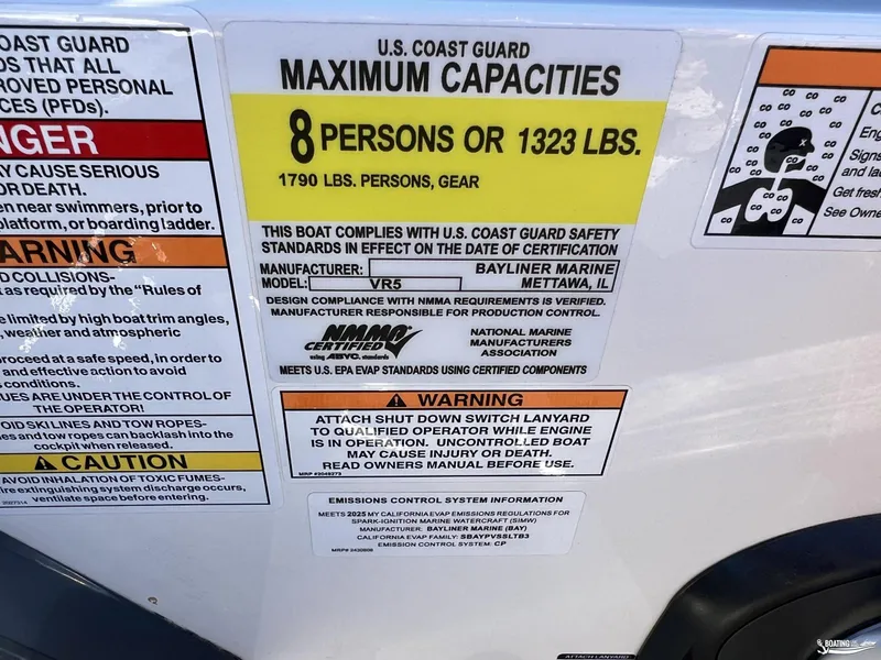 Slide: The Image of U.S. Coast Guard capacity label for 2025 Bayliner VR5, 8 persons or 1323 lbs. - 9