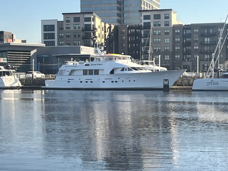 The Image of Luxury 1988 Christensen Custom yacht docked in urban marina setting. - 0
