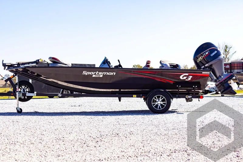 Slide: The Image of 2025 G3 Sportsman 1710 boat on trailer, side view, outdoors. - 22