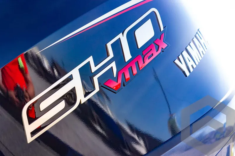 Slide: The Image of Close-up of Yamaha SHO VMAX logo on 2025 G3 Sportsman 1710 boat. - 27
